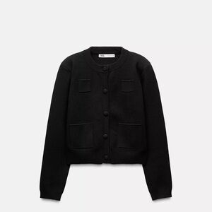 Zara Plain Knit Shoulder Pad Jacket in Black size S